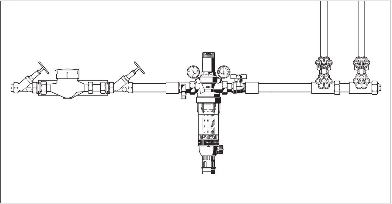 Обратный клапан после счетчика. Редуктор давления Honeywell 3/4 чертеж. Фильтр Honeywell hs10s-1/2"AA. Схема установки редуктора давления воды. Схема подключения промывного фильтра.